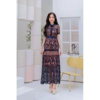 ราคา (L) พร้อมส่งชุดเดรสลูกไม้สีกรมแต่งคอปก งานป้าย Love lady แท้ มือ1 ป้ายห้อย (24409654513)