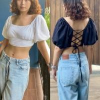 ราคา เสื้อครอปแขนตุ๊กตา ผูกโบว์ข้างหลัง (29717164218)