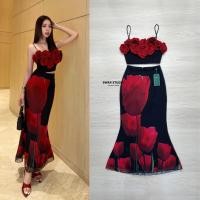ราคา S05 Size L Swan Studio เซทครอปสายเดี่ยวสีดำ แต่งดอกกุหลาบสีแดงเป็น 3D + กระโปรงยาวหางปลานิดๆ (54652082931)
