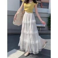 ราคา 8505กระโปรงผ้าไหมแก้วอัดพลีทติดระบายลูกไม้ (27678810479)