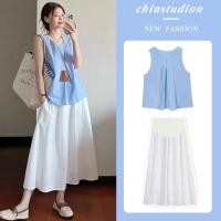 ราคา ชุดคลุมท้อง สไตล์เกาหลี ชุดสูทสไตล์อ่อนโยนคลุมท้องแขนสั้นกระโปรงคนท้องผู้หญิงฤดูร้อนหวานสีฟ้าแขนเสื้อเสื้อกั๊กกระโปรงด้านบนชุดสองชิ้น (54353325307)