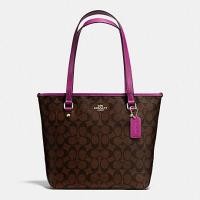 ราคา *พร้อมส่งที่ไทยค่ะ*กระเป๋าสะพาย ZIP TOP TOTE IN SIGNATURE (COACH F34603) IMITATION GOLD/BROWN/FUCHSI (56156865)