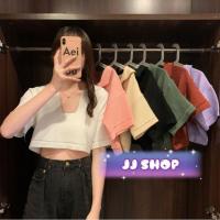 ราคา JJ Shopพร้อมส่ง เสื้อครอปไหมพรมแขนสั้น คอวีแวกลึกมี9สี "5951-1" (9778160769)