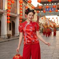 ราคา CreamyStoreเสื้อตรุษจีนแขนตุ๊กตาผ้าซาติน พิมพ์ลาย เสื้อคอจีน (45404614409)