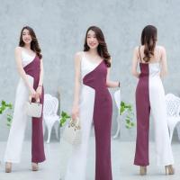 ราคา hbstation.shop เสื้อผ้าแฟชั่น จั้มสูททูโทน จั้มสายเดี่ยว ขายาว สีขาว - ม่วง พร้อมส่ง (42058786686)