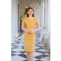 ราคา เดรสทำงานมือสองผ้าทอลายไทยสีเหลืองไซต์M (18780530536)
