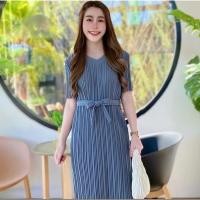 ราคา เดรทยาว ผ้าอัดพลีท สีฟ้า-เทา (27607635923)