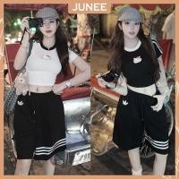 ราคา ชุดเข้าเซทผู้หญิง บอดี้สูทถักโครเชต์แขนสั้นงานปักคิตตี้มีคอลายริ้วและแขนผสมกางเกงขาสั้น3ลายเข้ารูปฟรีไซส์ (28067219955)