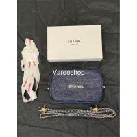 ราคา มือ 2 แท้ กระเป๋าเครื่องสำอาง Chanel สีน้ำเงินดิ้นทอง DIY ใส่สายสะพาย (45954202121)