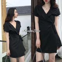 ราคา เดรสคอวี ทรงป้ายหน้าผูกเอว สีดำ (2287534791)