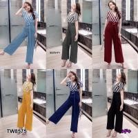 ราคา JK8575 Jumpsuit จั้มสูทคอวีไขว้แขนสั้น ด้านบนตัดเย็บด้วยผ้าโฟร์เวย์ แต่งลายริ้ว ตัดเย็บช่วงกางเกงสีพื้นด้วยผ้าซาร่า (21288154839)