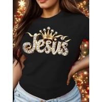 ราคา [เสื้อยืดธีมพระเยซู] เสื้อยืดพิมพ์ลายตัวอักษรธีมพระเยซูแบบสบาย คอวีแขนสั้นสำหรับผู้หญิง (49805539930)