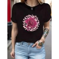 ราคา ท็อปเสื้อยืดพิมพ์ลายดอกกุหลาบและผีเสื้อสีดำสำหรับผู้หญิง - แขนสั้นคอวียืดหยุ่นนุ่ม สีเบจอ่อน (49454750328)