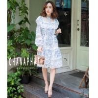 ราคา เดรสชีฟองสีฟ้าลายดอก แต่งระบายลูกไม้ งานป้าย Jariya (13675162447)