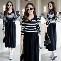 ราคา Knit Stripe Patch Plain Long Sleeve Maxi Dress Shirt (21493661671)