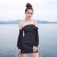 ราคา ส่งต่อมินิเดรส ปาดไหล่สีดำ แต่งแขนฟรุ้งฟริ้ง (6219286352)