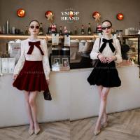 ราคา พร้อมส่ง มินิเดรสลูกไม้ซีทรูแขนยาวกระโปรงกำมะหยี่+เข็มกลัดโบว์ งานป้าย vshopbrand (46354997359)