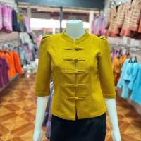 ราคา เสื้อ ผ้าฝ้ายเยื่อไผ่ สีขาวงาช้าง สีเหลืองมัสตาร์ด คอจีน กระดุมสะพาน แขนสามส่วน อัดผ้ากาว (24954759915)