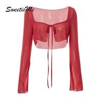 ราคา SweeticMe เสื้อยืดแขนสั้นผูกเชือกแขนยาวผู้หญิงตาข่ายใหม่ (19002856362)