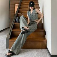 ราคา ชุดสูทสองชิ้นยีนส์สำหรับผู้หญิง เสื้อแจ็คเก็ตกั๊กสั้นแขนกุด และกางเกงขาบาน (26741568615)