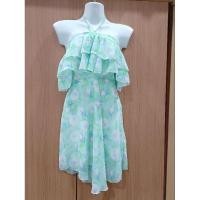 ราคา เดรสสั้นเกาะอกผ้าชีฟอง สีเขียวลายดอกกุหลาบ ไซส์ S-M (24650797638)