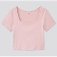 ราคา มือสอง เสื้อยืด UNIQLO คอเหลี่ยม ทรงครอป size.S สีชมพู (41601976617)