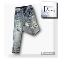 ราคา ️ [ผลิตภัณฑ์พรีเมี่ยม] - Ami,,ri Jeans - Ami,ri Blue Leather Patched PlayBoy Form Slimfit Jeans กางเกงยีนส์คุณภาพสูง - Dluxury (23790048310)