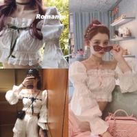 ราคา romance เสื้อผ้าครอปเชิ้ตแต่งลูกไม้รอบตัว แขนแต่งจั้ม อกมีริบบิ้นผ้ากำมะหยี่ร้อยรอบตัว (2772663631)