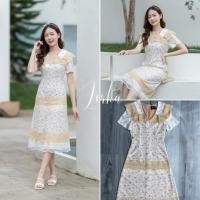 ราคา เดรสลลายดอกไม้ แต่งด้วยลูกไม้เป็นชั้นๆ และระบายลูกไม้ สีครีม เหลือง ทอง #code15001 (23161527094)