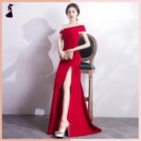 ราคา ชุดราตรี ชุดออกงาน ชุดไปงานแต่งงานสีแดง เดรสยาวทรงเปิดไหล่ แนวเรียบหรู สวยหรู ดูดี (2918468614)