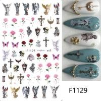 ราคา Gothic Angelic สติ๊กเกอร์ติดเล็บ F1129 Elegant Rose Cross Skull สติ๊กเกอร์ติดเล็บกาวตกแต่งเล็บ (42867548511)