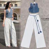 ราคา (พร้อมส่ง L) LA LA BELLE7 •set เสื้อแขนกุดยีนส์ฟอกประดับดอกไม้เก๋ๆพร้อมเชือกผูกเอว มาพร้อมกับกางเกงยีนส์สีขาว (27969595451)