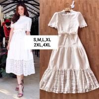 ราคา ส่งทุกวัน❗เดรสลูกไม้ขาว!!! S-4XL Dress เดรสสีขาวแขนสั้นผ้าลูกไม้ฉลุลายมีสายผูกเอว งานป้าย (3238055237)