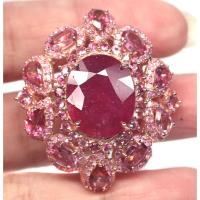 ราคา เข็มกลัดพลอยแท้ ทับทิม สีแดง 16 x 19 mm. ล้อม โทปาส-ชมพู ล้อม แซฟไฟร์ชมพู เงินแท้ 925 ชุบนาค (rose gold) (22977055207)