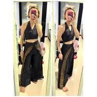 ราคา กางเกงขายาว เสื้อครอปผูกคอ ชุดเซ็ท สีดำแต่งขอบลายไทย ทรงสวย ไซร้ SM (12223536056)