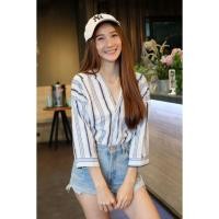 ราคา เสื้อเชิ้ตคอวีลายริ้วเนื้อผ้าคอตตอนสลาฟเนื้อผ้าใส่สบายมากๆ (1676308979)