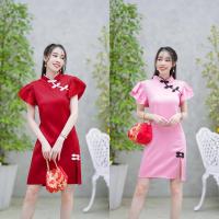 ราคา เดรสกี่เพ้าสั้น คอจีน เดรสคอจีนสแดง เดรสสีชมพู พร้อมส่ง ใส่งานมงคล ใส่เที่ยวตรุษจีน (42778438403)
