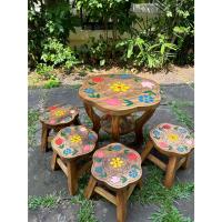 ราคา โต๊ะเด็ก ไม้จามจุรี ลายดอกไม้ โต๊ะอเนกประสงค์ กลางกลม1ตัว เก้าอี้ 4 ตัว (21476159167)