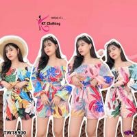 ราคา S18590 set 2 ชิ้น เสื้อไหล่ปาด แขนพอง ลายใบไม้ + กางเกงขาสั้น เอวผูกโบว์ พร้อมส่งในไทย (22737219415)