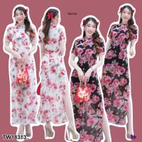 ราคา J18313 ชุดเดรสกี่เพ้าแขนสั้น ทรงสอบ พิมพ์ลาย Short sleeve cheongsam dress with printed pattern (20571491041)