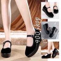 ราคา 900Shop รองเท้าคัชชูส้นตึกสูง 1 นิ้วครึ่ง ผ้ากำมะหยี่ สีดำล้วน ส้นรองเท้าแต่งลายดอกไม้ เบอร์ 34-40 (108) (15199607730)