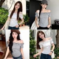 ราคา Bonnieเสื้อแขนสั้น ดีเทลแต่งระบาย ลายจุดสีพื้นขาวเทา เปิดไหล่ ทรงรัดรูป เสื้อยืด สไตล์เกาหลี ใส่สบาย (49503913004)