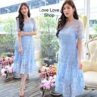 ราคา เดรสลูกไม้ฟ้ารับวันแม่!!! L-4XL Dress เดรสสีฟ้าแขนสั้นผ้าปักดอกไม้ งานป้าย Love love (26406032138)