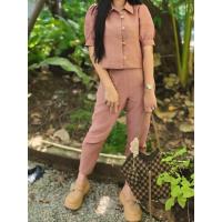 ราคา ชุดเซ็ท 2 ชิ้น เสื้อ และกางเกงขายาว งานตัดเย็บผ้าไทย ผ้าหมักโคลนยกดอก อัดกาวทั้งตัว สีชมพู ผญ (27180564864)