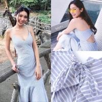 ราคา เดรสสายเดี่ยวลายริ้ว ทรงระบายหางปลา ตอกตาไก่ไขว้ร้อยเชือกผูกตรงหลัง (1168382328)