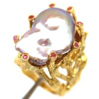 ราคา แหวน ไข่มุกบาร็อก (Baroque Pearl) ล้อม พลอยแท้ ทับทิม เงินแท้ 925 ชุบทอง18k ไซร์แหวน 8 (26929974598)