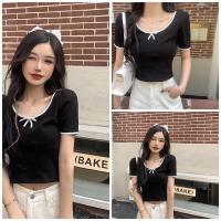 ราคา เสื้อครอปเกาหลี เสื้อยืดแขนสั้นสีขาวขอบดํา (24377982862)