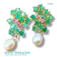 ราคา KJ1826 ต่างหูตุ้งติ้งมรกตทับทิมไข่มุกธรรมชาติ แป้นเสียบติดหู (52754889431)