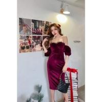 ราคา เดรสเกาะอกสีแดงกำมะหยี่ เดรสกำมะหยี่ เดรสสีแดง (21068502748)