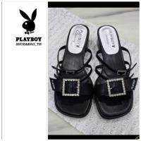ราคา รองเท้าส้นสูง1.2" ส้นหนาสีดำ สายประดับเพชร สวยหรู playboy 096-BK38งานแท้จากshop (44418182264)